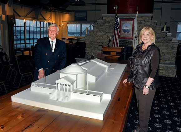 Pat and Gail Conley unveil their model of the proposed building for the Rhode Island Heritage Hall of Fame at the Conley Conference Center in April, 2016
